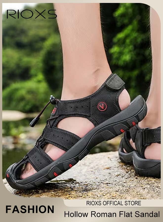 RIOXS Men's Hollow Roman Sandals, Round Closed Toe Flat Sandals, Leather Fisherman Sandals, Athletic Sport Casual Sandals for Men, Waterproof Summer Beach Water Sandals, Lightweight Walking Slids Sandals, Sandals for Trail Beach, Black Hiking Sandals - Image 2